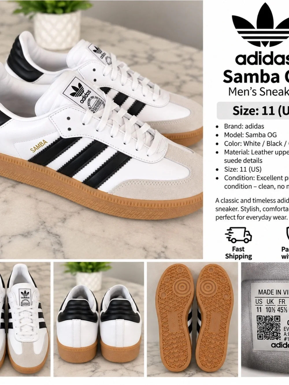 adidas Samba OG Men’s Sneakers — White, Black, Gum